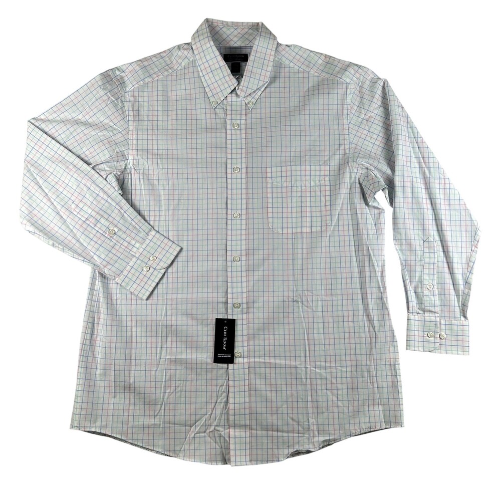 Club Room Dress Shirt Mens 16 32/33 Pink Mint Check Regular Fit Performance